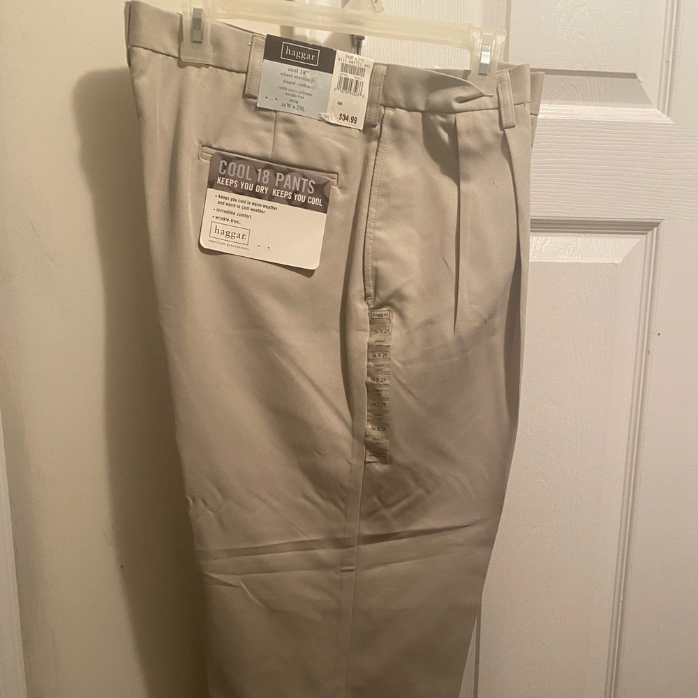 Haggar Men's Cream Cuffed Polyester and Wool stretch  36W x 29L Dress pants